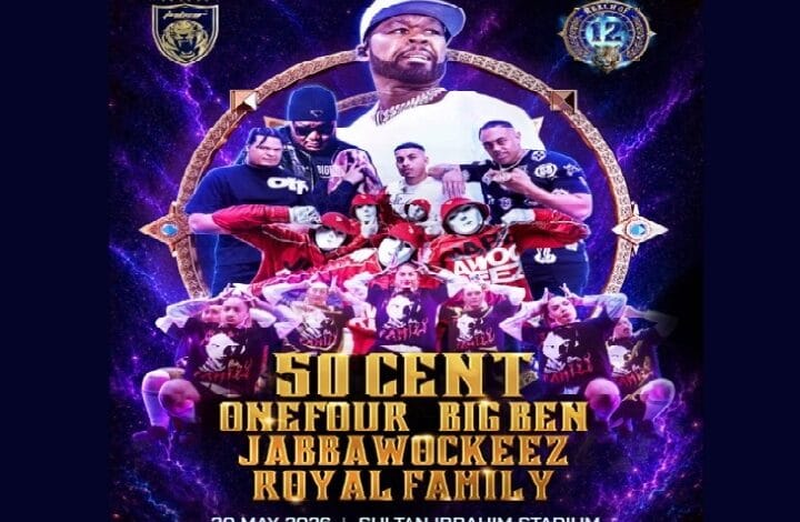 Promotional poster for a 50 Cent concert with Jabbawockeez and the Royal Family, featuring dancers and bold gold title text, May 30, 2026 at Sultan Ibrahim Stadium.