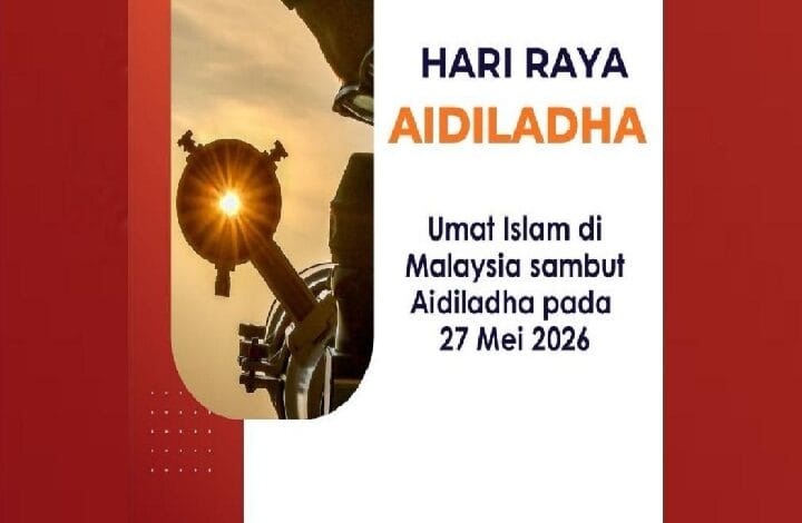 Poster announcing Hari Raya Aidiladha for Malaysia, with bold 'HARI RAYA AIDILADHA' and date '27 Mei 2026'; red side panels and a sun-flare silhouette behind a motorcycle handlebar.