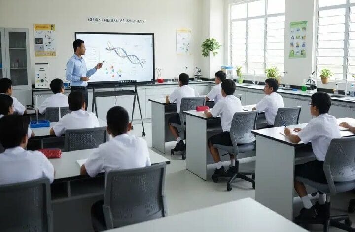 Teacher explains a DNA diagram to students in a bright classroom with lab desks and a screen.