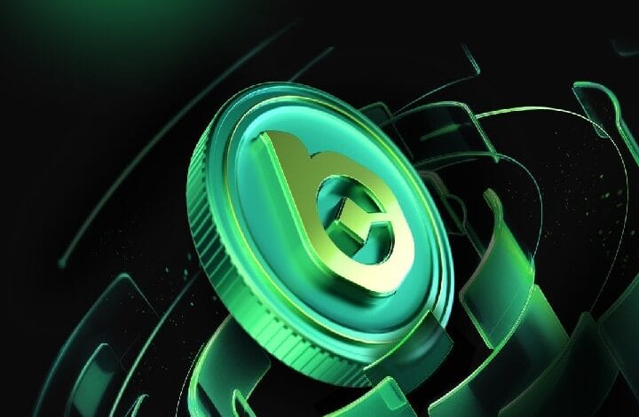 3D neon green circular logo with a stylized 'g' shape, set against a dark abstract background.