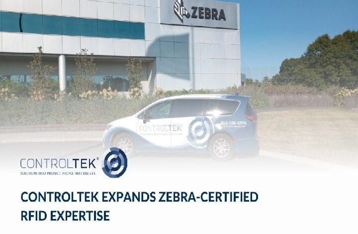 ControlTek van with logo parked outside a Zebra building; headline reads 'ControlTek expands Zebra-certified RFID expertise.'