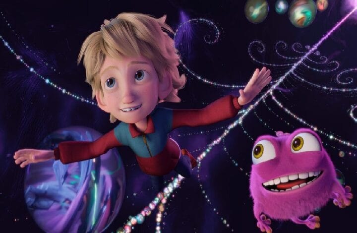 A young boy with red sleeves flies through a colorful space scene, holding onto a glowing string with a purple fluffy creature beside him.