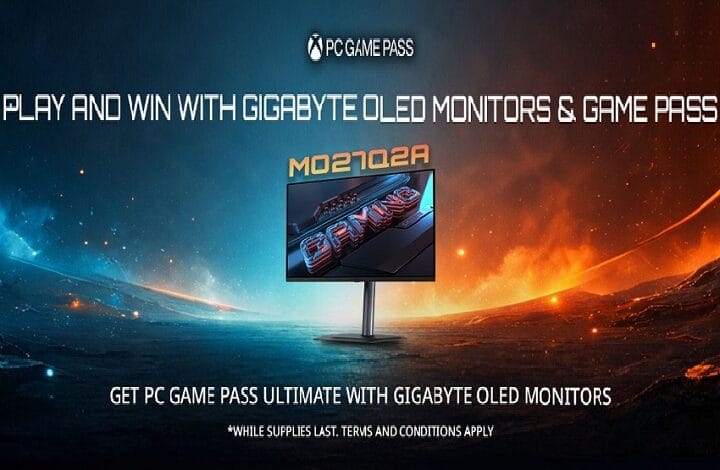 Promotional banner for PC Game Pass and Gigabyte OLED monitors, featuring a monitor on a stand against a dramatic blue–orange background.