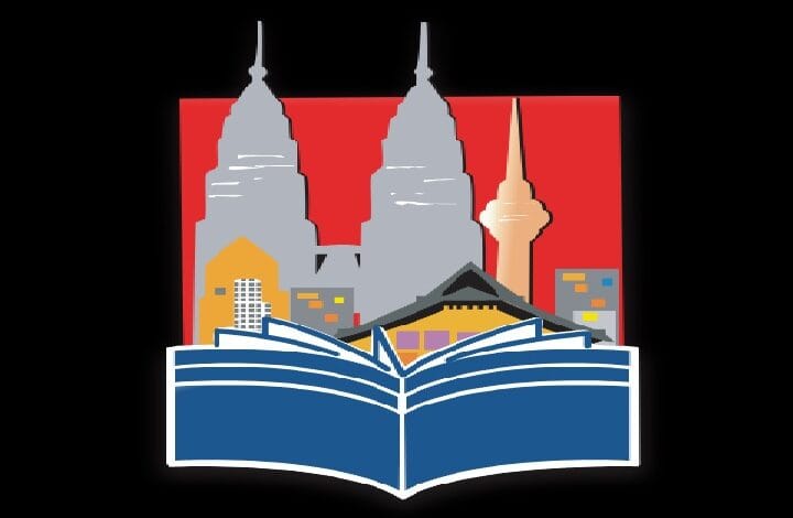 Open book with blue pages, city skyline rising from its center against a red background.
