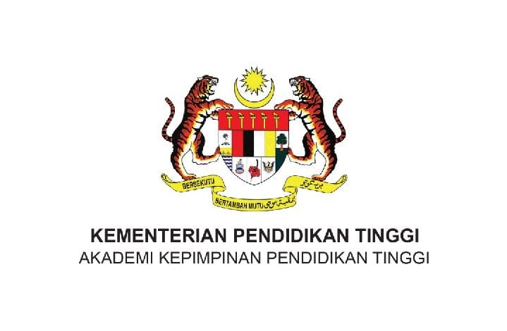 Malaysian coat of arms with two tigers flanking a shield, above the text 'Kementerian Pendidikan Tinggi' and 'Akademi Kepimpinan Pendidikan Tinggi'.