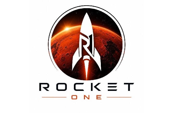Circular space-themed logo showing a white rocket silhouette inside a circle, over a red-orange planet with the words 'ROCKET ONE' beneath.