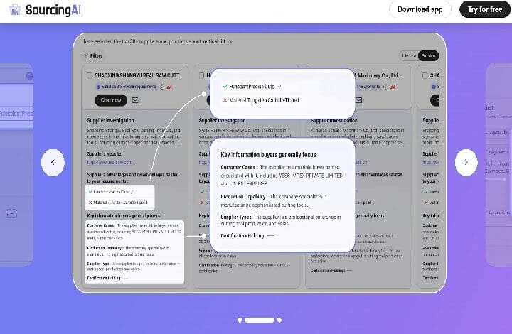 Screenshot of SourcingAI dashboard showing supplier cards with tooltip popovers on a purple gradient background.