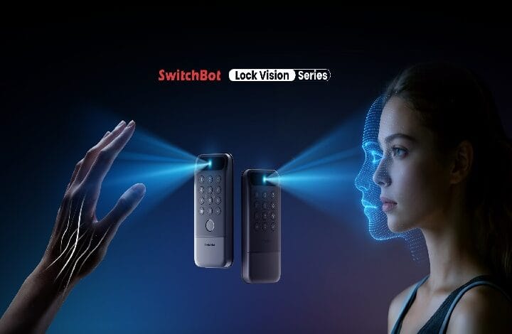 Promotional image for SwitchBot Lock Vision Series showing two smart door locks projecting blue light toward a blue holographic profile of a woman.