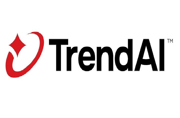 TrendAI logo: red abstract emblem to the left of bold black 'TrendAI' text on white background.