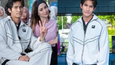 Two-panel photo of a young man in a light gray zip-up jacket; left panel shows him seated with a woman flashing a peace sign, right panel shows him standing outdoors.