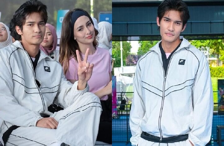 Two-panel photo of a young man in a light gray zip-up jacket; left panel shows him seated with a woman flashing a peace sign, right panel shows him standing outdoors.