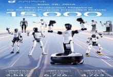Announcement image about AGIBOT production milestone: 15,000 General-Purpose Embodied Robots shown as a lineup of robots with a central raised robot in a dynamic pose.