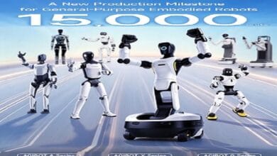 Announcement image about AGIBOT production milestone: 15,000 General-Purpose Embodied Robots shown as a lineup of robots with a central raised robot in a dynamic pose.