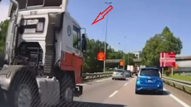 air borneo - Copy - Copy - Wilayah.com.my Large construction truck in the left lane of a multi-lane highway, with a blue car in the right lane; a small bird flies in the blue sky above.