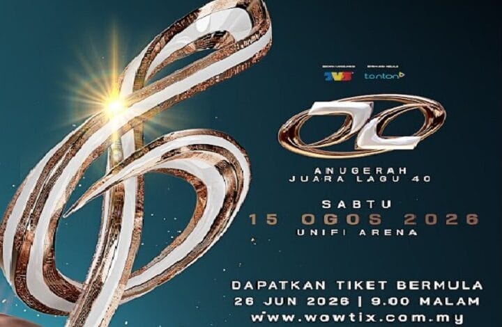 Poster announcing Anugerah Juara Lagu 40 with metallic gold logo, event details: Sat 15 Aug 2026 at Unifi Arena; tickets from 26 Jun 2026 at wowtix.com.my