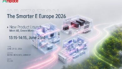 ampce - Wilayah.com.my Banner for The Smarter E Europe 2026 with futuristic server-room visuals and event details: New Product Launch, June 23, 13:15–14:15, Messe München, Germany.