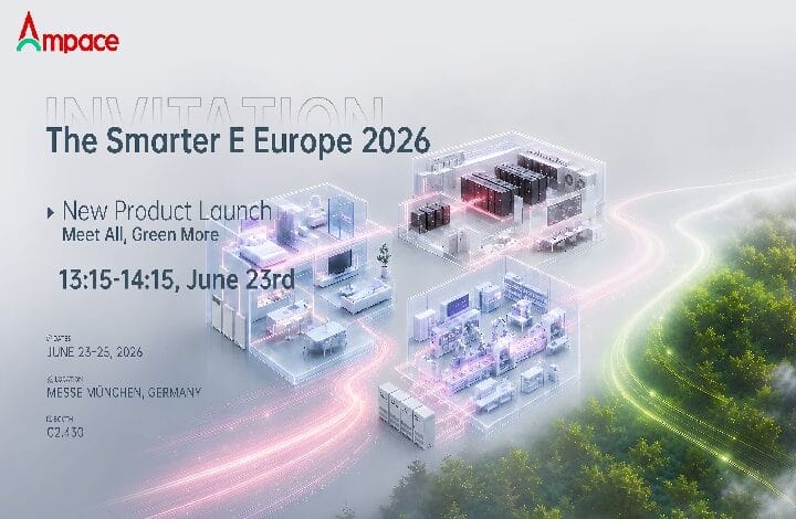 ampce - Wilayah.com.my Banner for The Smarter E Europe 2026 with futuristic server-room visuals and event details: New Product Launch, June 23, 13:15–14:15, Messe München, Germany.
