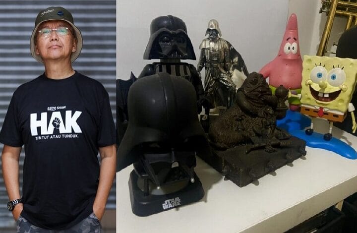 A man wearing a black T-shirt with white logo stands left; a shelf with Star Wars figures and SpongeBob toys sits on the right (collage).