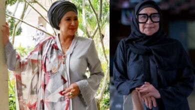 azizah mahzan 2 - Wilayah.com.my Left: woman in a light gray dress with a patterned scarf outdoors, touching a pillar near greenery. Right: woman in a black hijab and abaya indoors, hands clasped in front.
