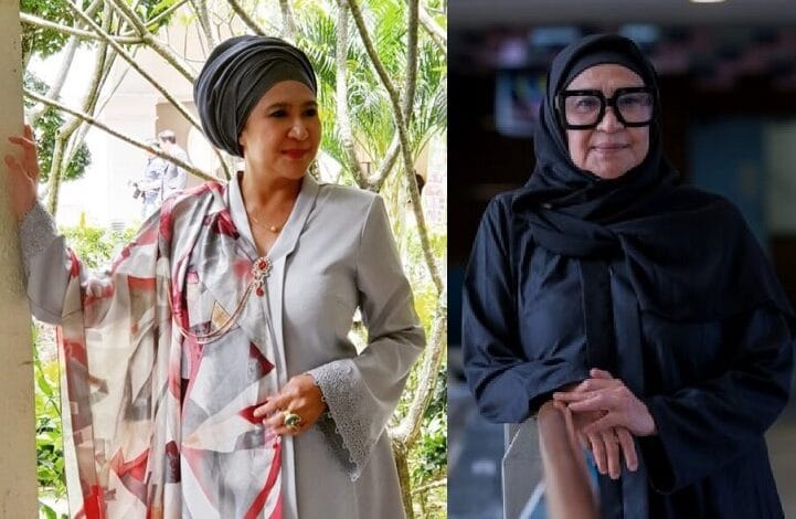 azizah mahzan 2 - Wilayah.com.my Left: woman in a light gray dress with a patterned scarf outdoors, touching a pillar near greenery. Right: woman in a black hijab and abaya indoors, hands clasped in front.