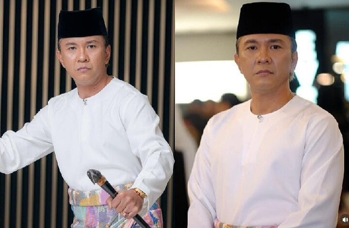 Man in white traditional outfit and black cap, holding a microphone in a split-screen pose, indoor setting