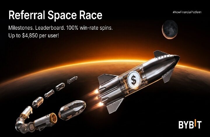 bybit 2 - Wilayah.com.my Promotional image for BYBIT's Referral Space Race with a rocket and spacelike journey, highlighting rewards up to $4,850 per user.
