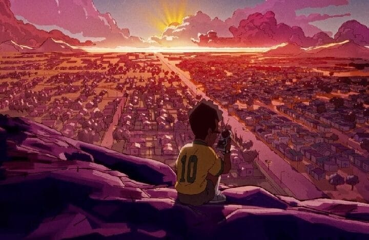 Young boy in a yellow jersey sits on a rocky ledge, watching a sunset over a sprawling city below.