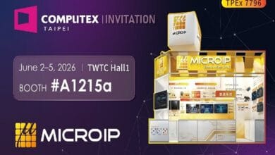 Computex Taipei 2026 banner showing MICROIP, booth A1215a at TWTC Hall 1, June 2–5.