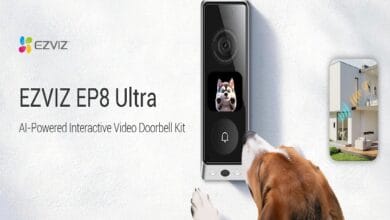 ezviz - Wilayah.com.my EZVIZ EP8 Ultra AI-powered video doorbell kit; close-up of the sleek doorbell on a wall with a dog approaching it.