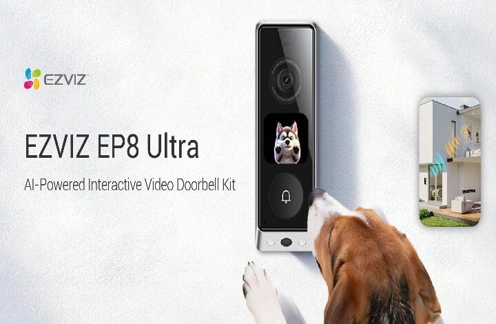 ezviz - Wilayah.com.my EZVIZ EP8 Ultra AI-powered video doorbell kit; close-up of the sleek doorbell on a wall with a dog approaching it.