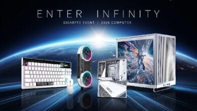 gigabyte 2 - Wilayah.com.my Gigabyte event banner featuring futuristic gaming PC components: keyboard, mouse, cooling fans, motherboard/CPU block, and a tall computer chassis against a space Earth backdrop.