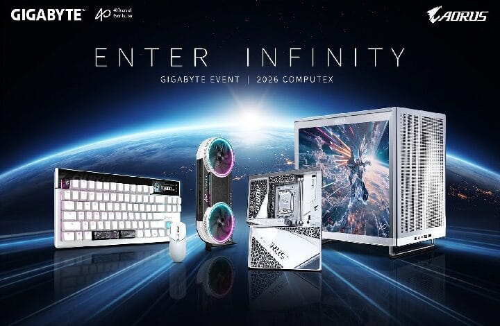 gigabyte 2 - Wilayah.com.my Gigabyte event banner featuring futuristic gaming PC components: keyboard, mouse, cooling fans, motherboard/CPU block, and a tall computer chassis against a space Earth backdrop.