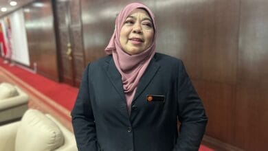 halimaton shaadiah saad - Wilayah.com.my Professional woman in a pink hijab and dark blazer stands in a wood-paneled hallway with a red carpet, wearing a name badge.