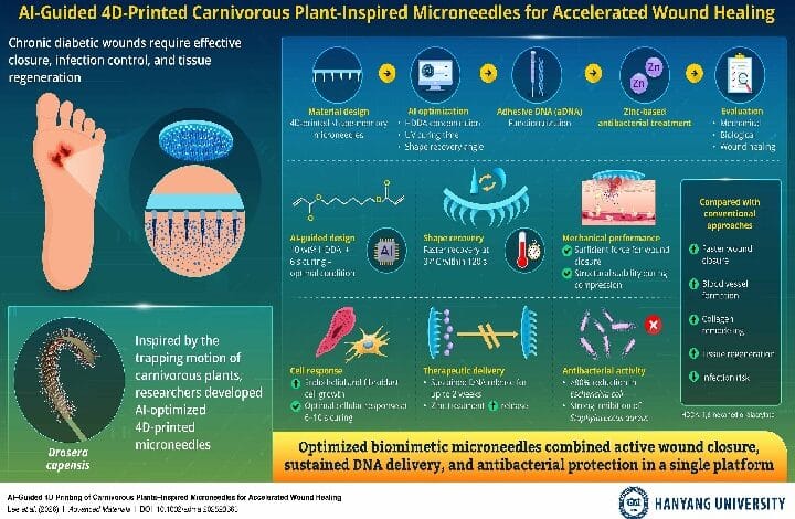 Infographic on AI-guided 4D-printed carnivorous plant–inspired microneedles for accelerated wound healing, showing design steps and evaluation.