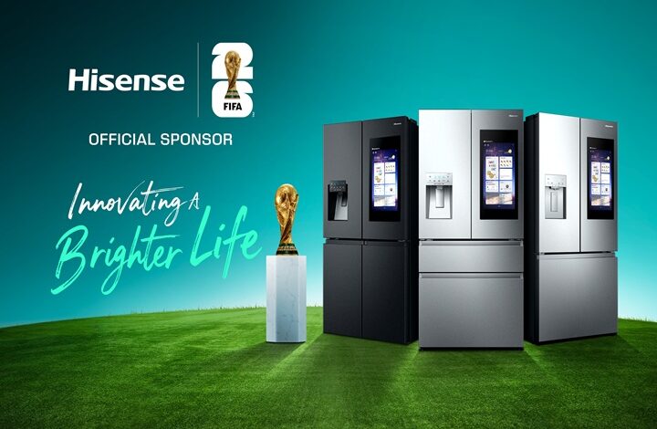 Hisense FIFA sponsorship banner with three modern refrigerators on a green field, a trophy, and the slogan 'Innovating a Brighter Life' on a teal background.] , Actually remove comma? Need proper JSON string.