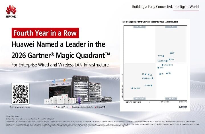 Huawei banner: 'Fourth Year in a Row' leader in the 2026 Gartner Magic Quadrant for Enterprise Wired and Wireless LAN.