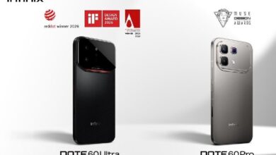 Two Infinix smartphones, NOTE60 Ultra (left) and NOTE60 Pro (right), displayed on a white background with design award logos above.