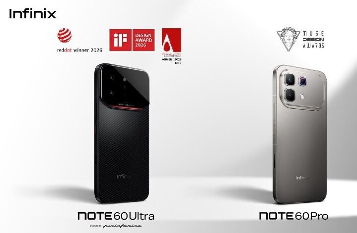 Two Infinix smartphones, NOTE60 Ultra (left) and NOTE60 Pro (right), displayed on a white background with design award logos above.