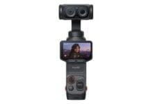 insta 360 luna - Wilayah.com.my Handheld stabilizer with a dual-lens 360° camera on top and a fold-out LCD screen.