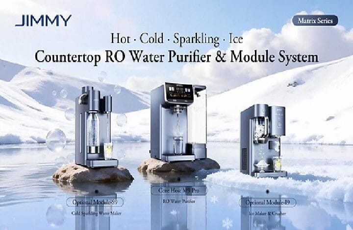 jimmy water purifier - Wilayah.com.my Three countertop water purifiers displayed on rocks in an icy, snowy landscape, labeled 'Countertop RO Water Purifier & Module System' with a 'Matrix Series' tag.