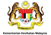 Coat of arms of Malaysia with two tigers flanking a shield, crescent and sun above, and banner; represents Kementerian Kesihatan Malaysia (Ministry of Health Malaysia).