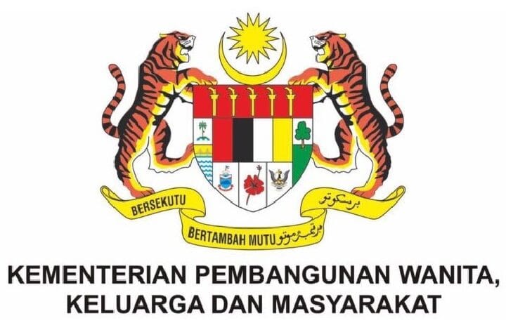 kpwkm pembangunan wanita - Wilayah.com.my Malaysian Coat of Arms with two guarding tigers, shield and crescent with star above, banner motto 'Bersekutu Bertambah Mutu,' and the text 'Kementerian Pembangunan Wanita, Keluarga dan Masyarakat' underneath.