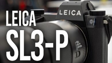 Leica SL3-P camera close-up with bold white text 'LEICA SL3-P' overlaying the left side