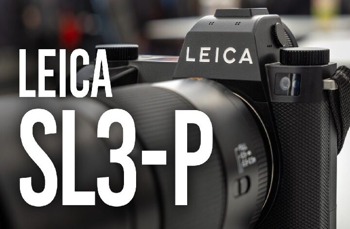 Leica SL3-P camera close-up with bold white text 'LEICA SL3-P' overlaying the left side
