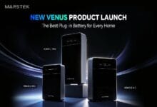 Promotional banner for MarsTek Venus product launch showing three black battery units on a pedestal with blue light streaks in a dark studio.