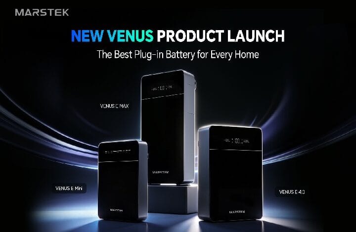 Promotional banner for MarsTek Venus product launch showing three black battery units on a pedestal with blue light streaks in a dark studio.