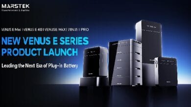 Marstek product launch banner featuring the Venus E Series plug-in battery lineup with bold blue text “NEW VENUS E SERIES PRODUCT LAUNCH” against a dark gradient background.