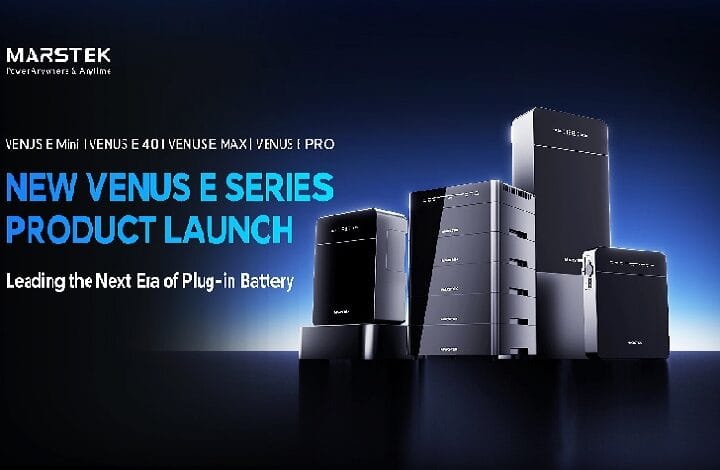 marstek batt 2 - Wilayah.com.my Marstek product launch banner featuring the Venus E Series plug-in battery lineup with bold blue text “NEW VENUS E SERIES PRODUCT LAUNCH” against a dark gradient background.
