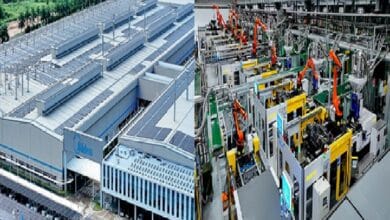 midea - Wilayah.com.my Split image of a factory district: solar-panel rooftop on a large building and a robot-driven manufacturing line indoors.