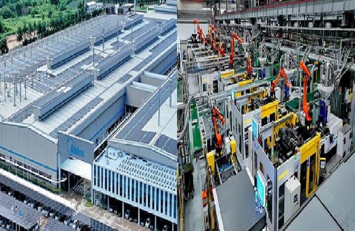 midea - Wilayah.com.my Split image of a factory district: solar-panel rooftop on a large building and a robot-driven manufacturing line indoors.